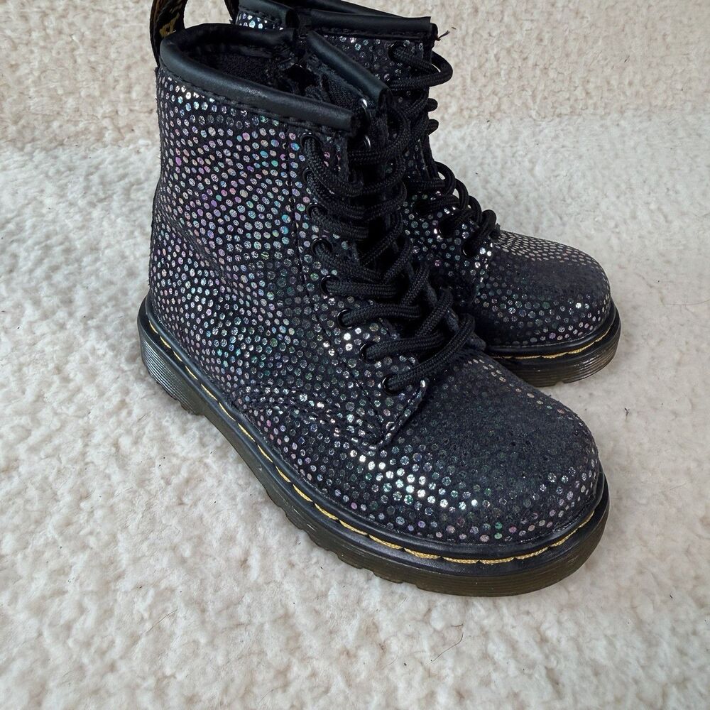 Dr. Martens Kid's Black #1460T Metallic Suede Lace Up Boots Shoes Size 7